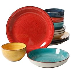 12-Piece Stoneware Dinnerware Set in Red Blue Green Yellow - Service for 4 - Free Shipping