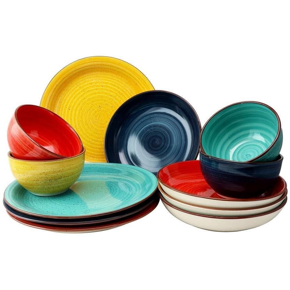 12-Piece Stoneware Dinnerware Set in Red Blue Green Yellow - Service for 4 - Free Shipping