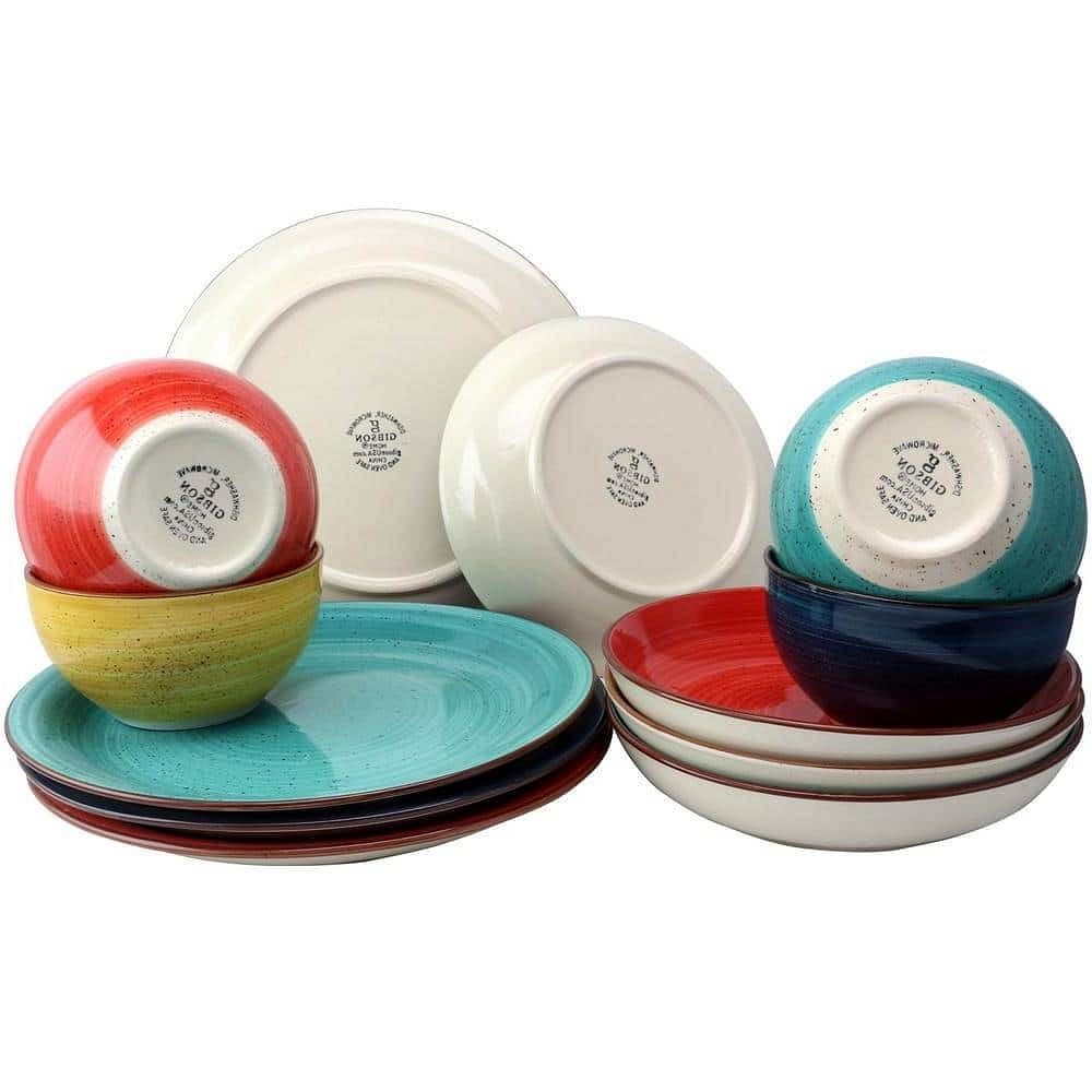 12-Piece Stoneware Dinnerware Set in Red Blue Green Yellow - Service for 4 - Free Shipping