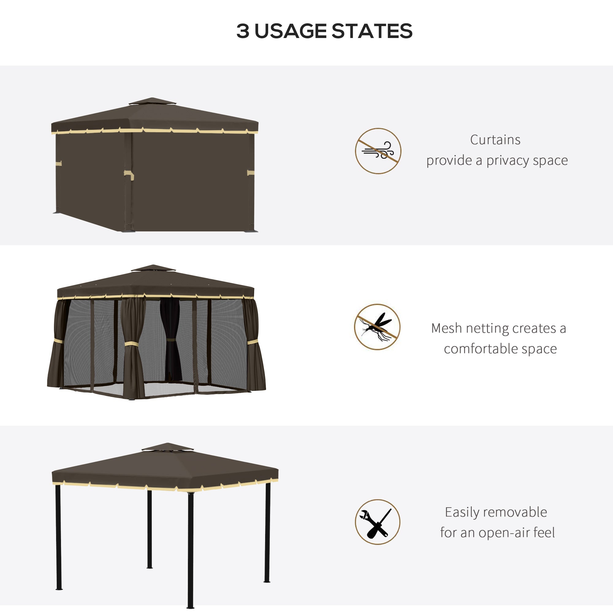 Outsunny 10' x 10' 2-Tier Outdoor Gazebo Canopy Tent with Zippered Mesh Sidewalls, Aluminum Frame for Patio, Backyard, Coffee 