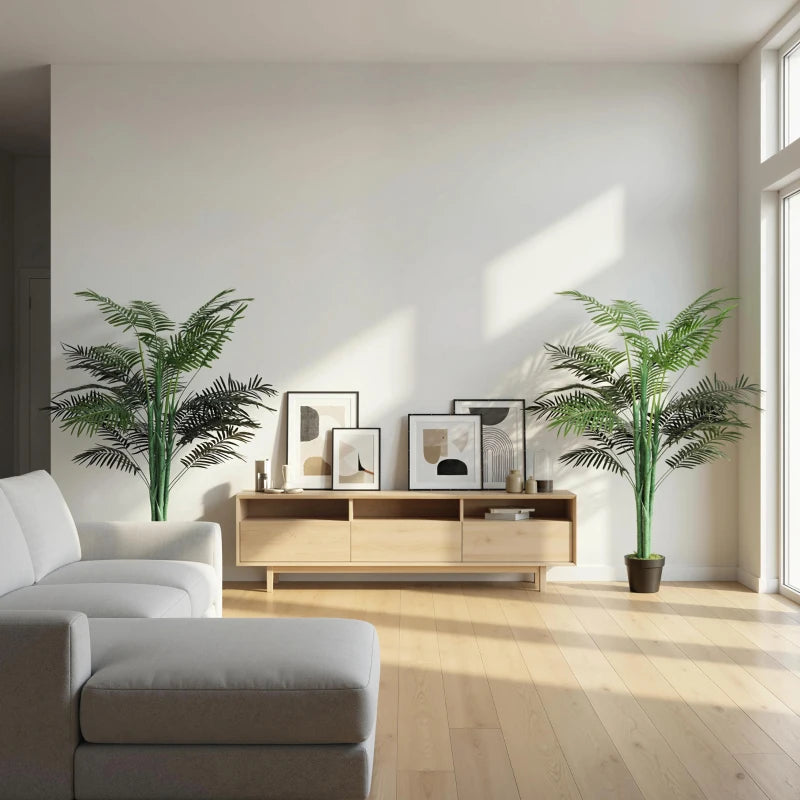 5FT Artificial Palm Tree Set of 2, Fake Tropical Tree with Lifelike Leaves, Faux Plant in Pot for Indoor Decoration, Green