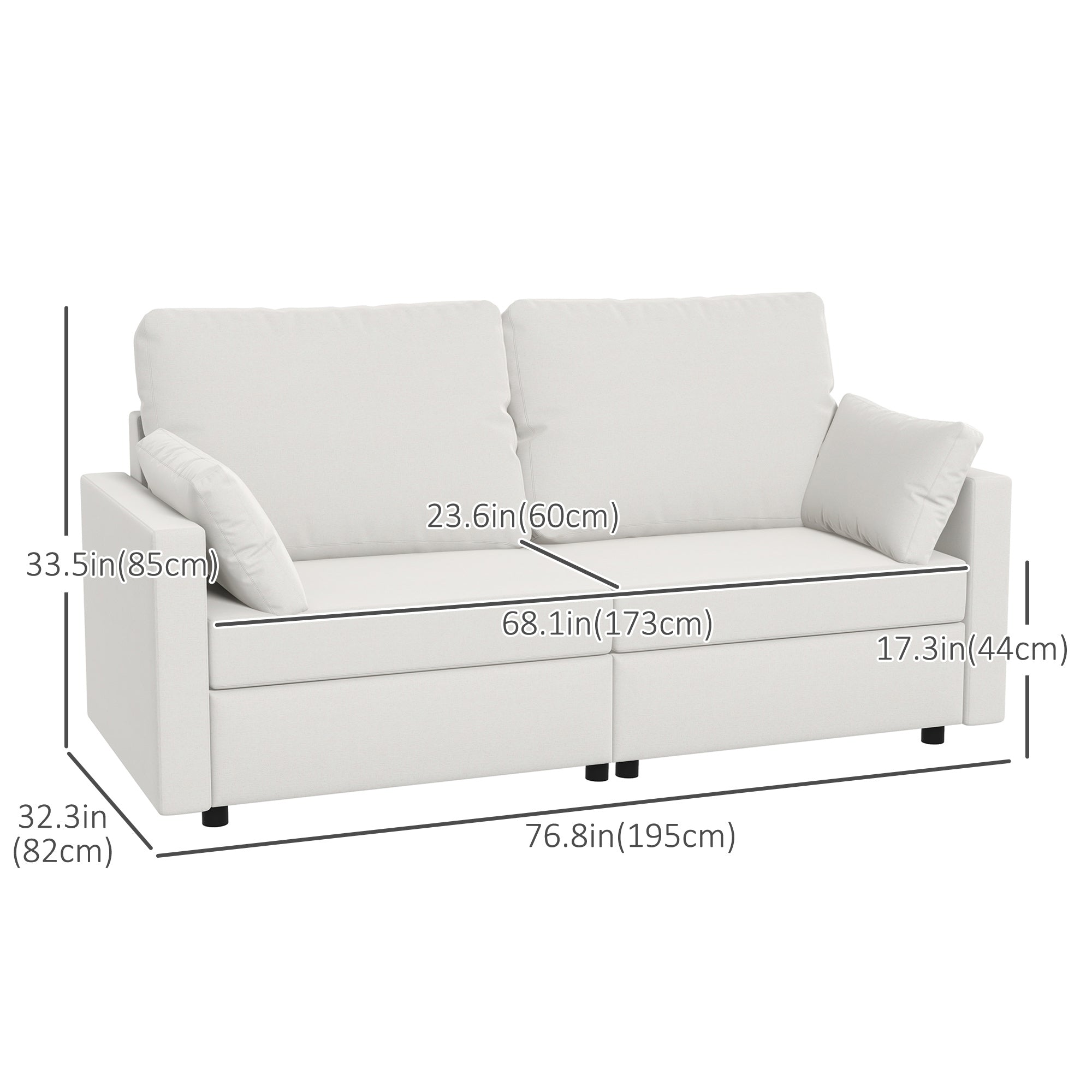 HOMCOM 77" Modern 3 Seater Sofa Upholstered Couch with 2 Throw Cushions Cream White for Living Room Bedroom 