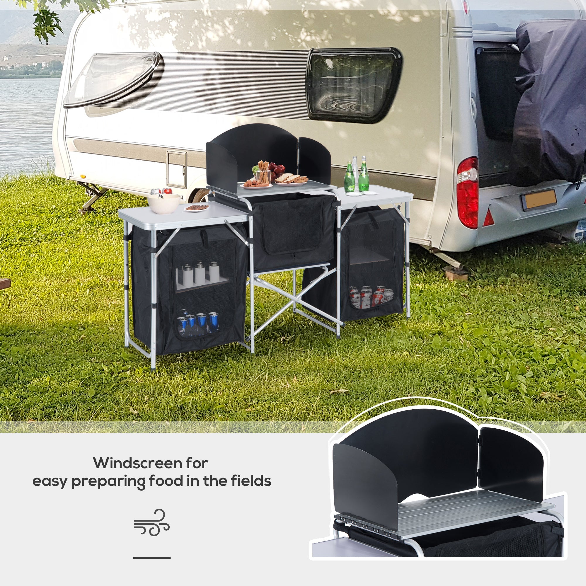 Outsunny Folding Camping Kitchen Table with Carrying Bag, Windscreen and 3 Enclosed Cupboards, Aluminum Cook Station, Black 