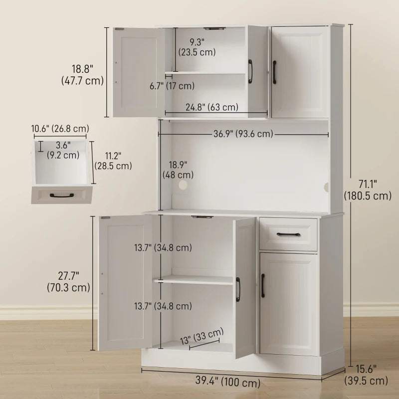 71" Pantry Cabinet with Charging Station, Kitchen Storage Cabinet with Microwave Stand, Adjustable Shelves, White