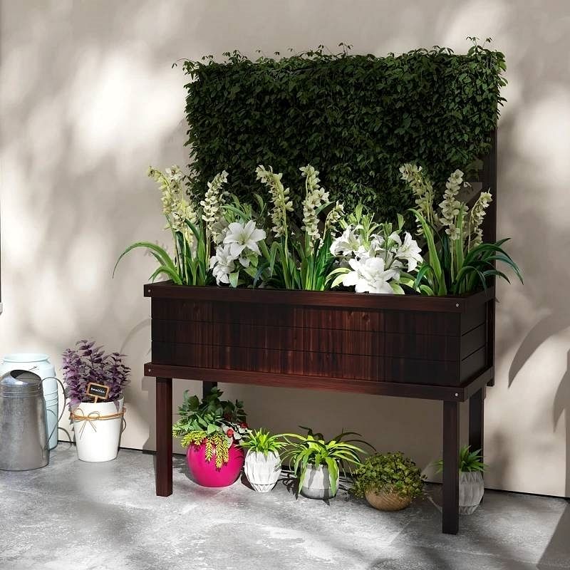 Espresso Fir Wood Elevated Raised Garden Bed With Stylish Climbing Trellis - Free Shipping 