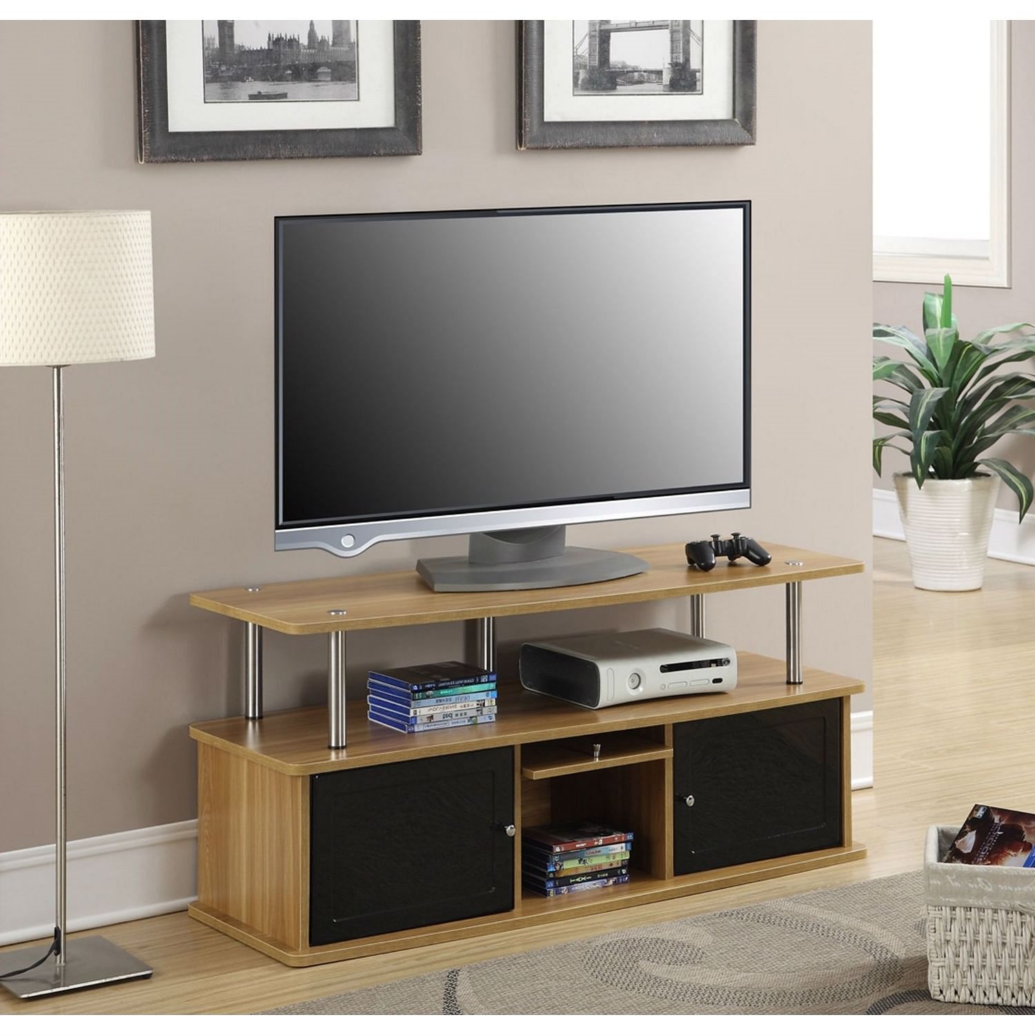 Modern 50-inch TV Stand in Light Oak / Black Wood Finish - Free Shipping