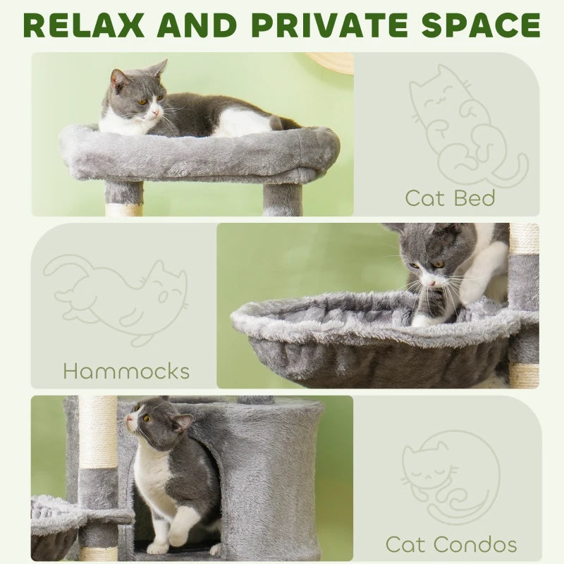 52.5" Cat Tree Tower with Scratching Posts, Cat Condos, Bed, Platforms, Hammocks, for Indoor Cats, Grey