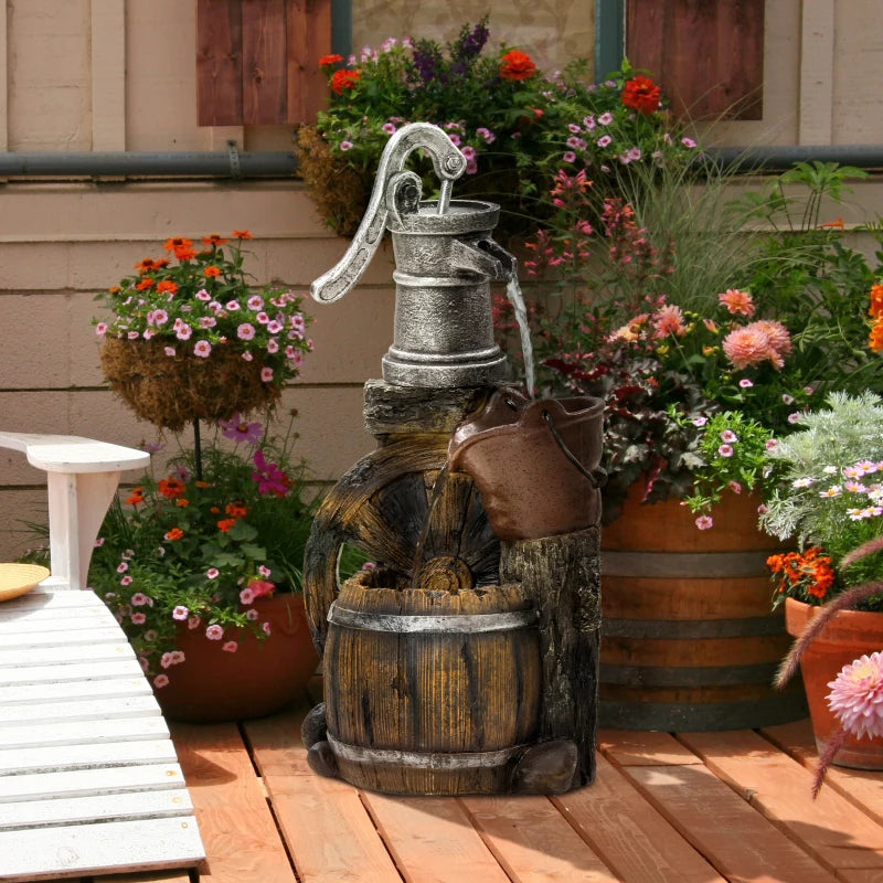 Rustic Waterfall Fountain with Old Fashion Pump Barrel Wheel, 3-Tier Cascading Outdoor Fountain with Adjustable Flow, Decorative Water Feature for Zen Garden, Deck, Porch