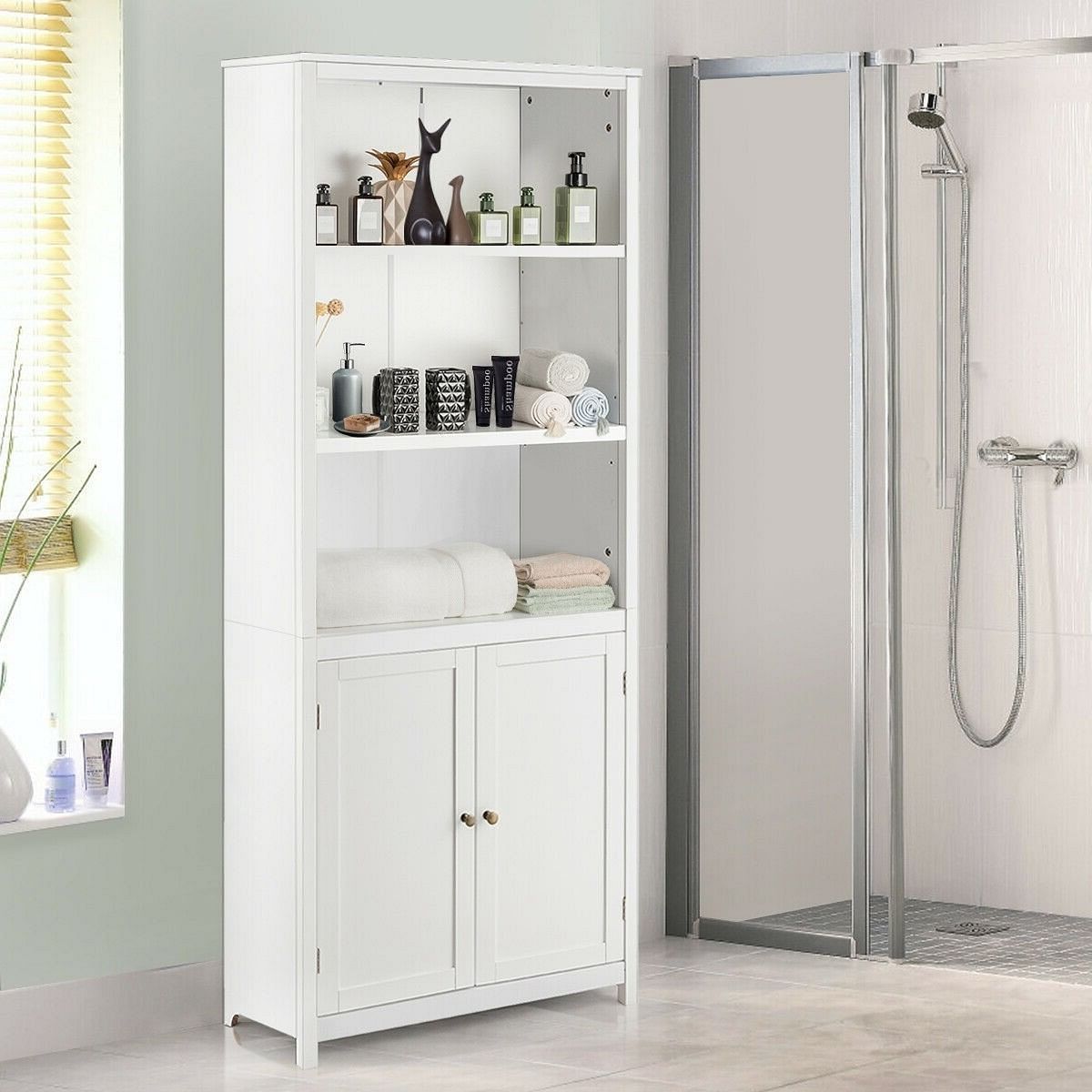 White Bathroom Linen Tower Towel Storage Cabinet with 3 Open Shelves - Free Shipping