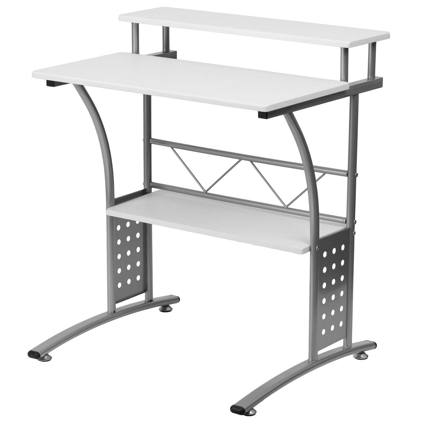Modern Metal Frame Computer Desk with White Laminate Top and Raised Shelf - Free Shipping 