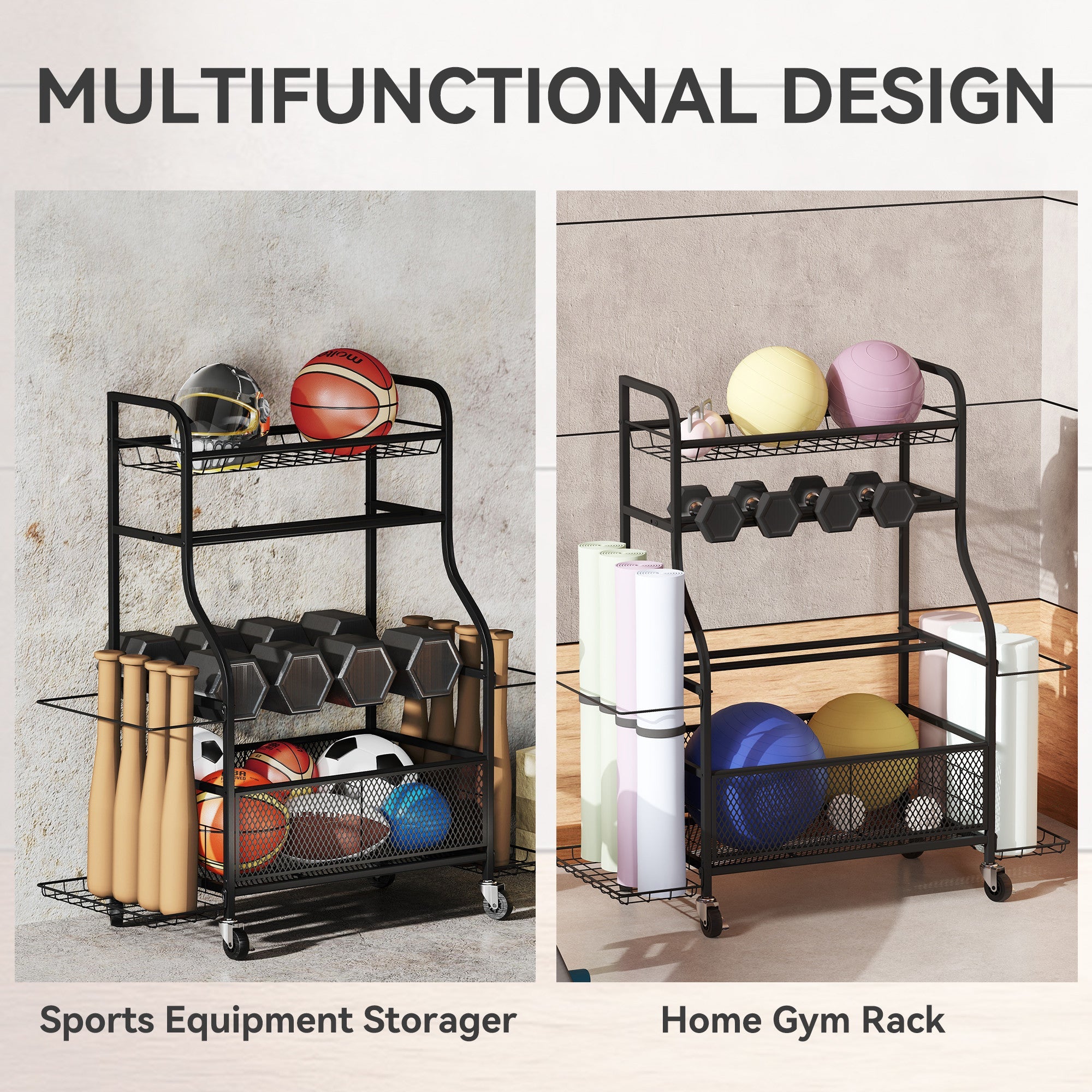 Soozier Garage Sports Equipment Organizer, Rolling Home Gym Storage Rack with Wheels, Dumbbell Rack and Ball Storage Holder 