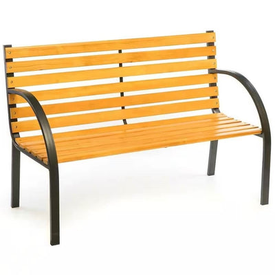 Outdoor Black Metal Frame Garden Bench with Wood Slats and Curved Armrests - Free Shipping 