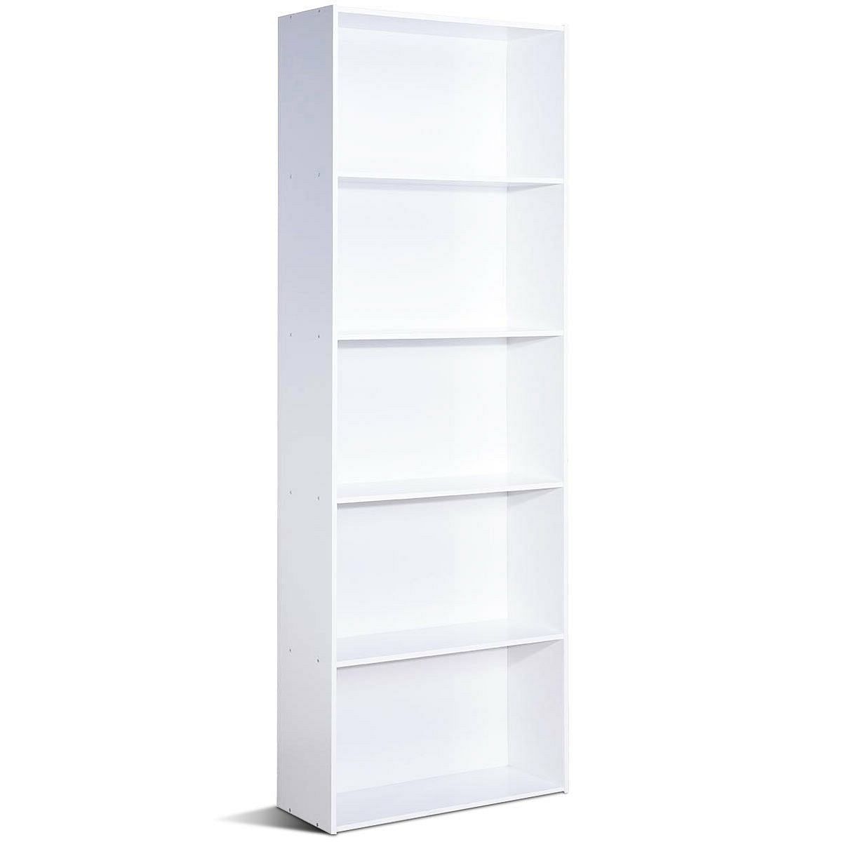 Modern 5-Tier Bookcase Storage Shelf in White Wood Finish - Free Shipping