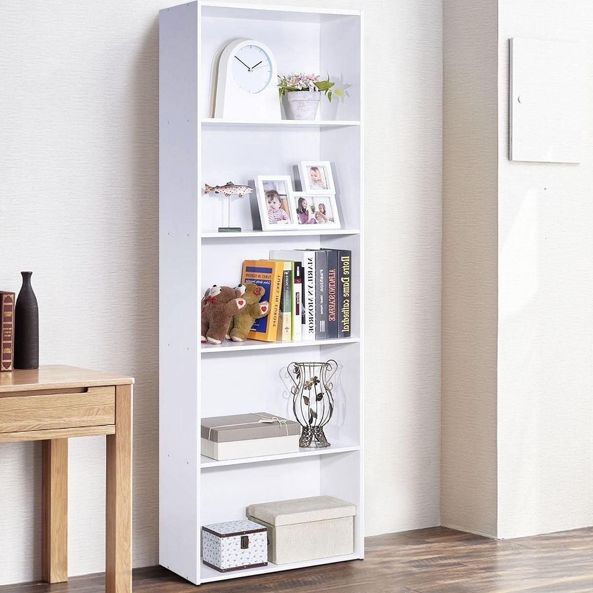 Modern 5-Tier Bookcase Storage Shelf in White Wood Finish - Free Shipping