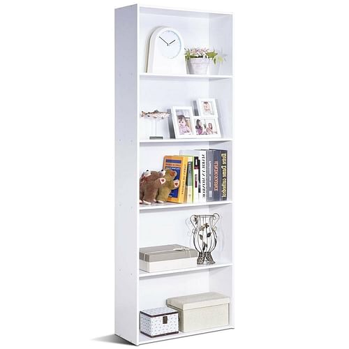 Modern 5-Tier Bookcase Storage Shelf in White Wood Finish - Free Shipping 