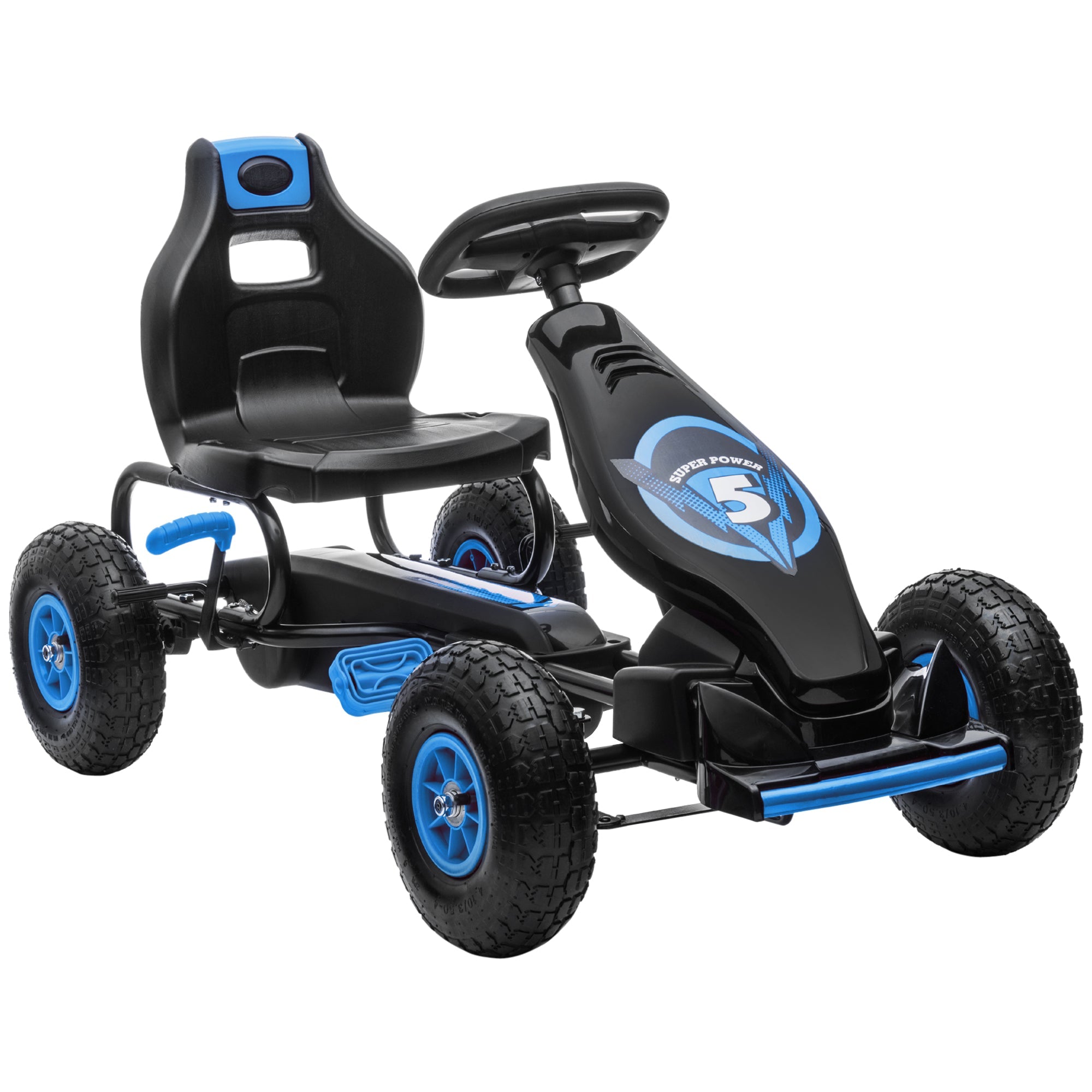 Aosom Kids Pedal Go Kart Ergonomic Adjustable Seat Rubber Wheels Shock Absorb Safety Hand Brake Ages 5-12 Blue 