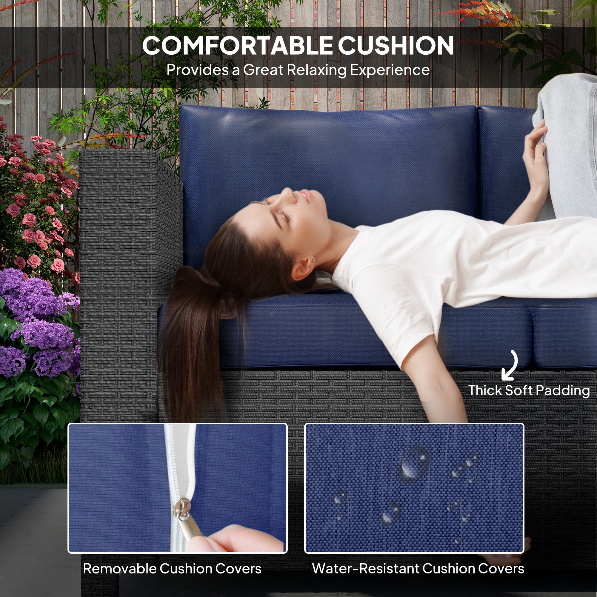 Outsunny Deluxe 3 Seat Rattan Wicker Sofa Garden Outdoor Patio Furniture with Cushion, Navy Blue 