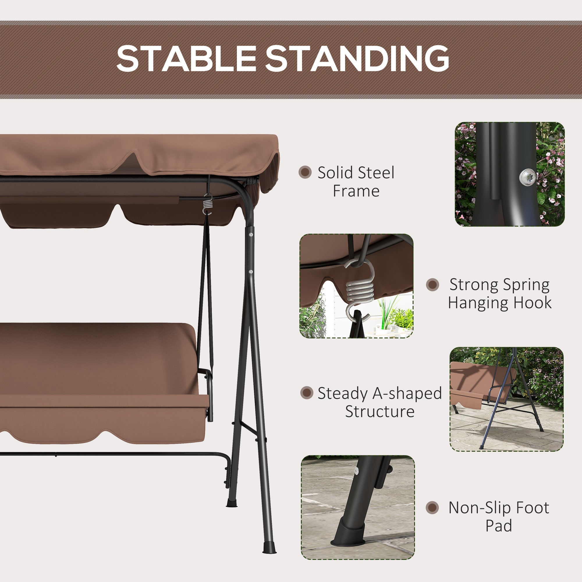Outsunny 3-Seater Outdoor Porch Swing with Adjustable Canopy, Patio Swing Chair for Garden, Poolside, Backyard, Brown 