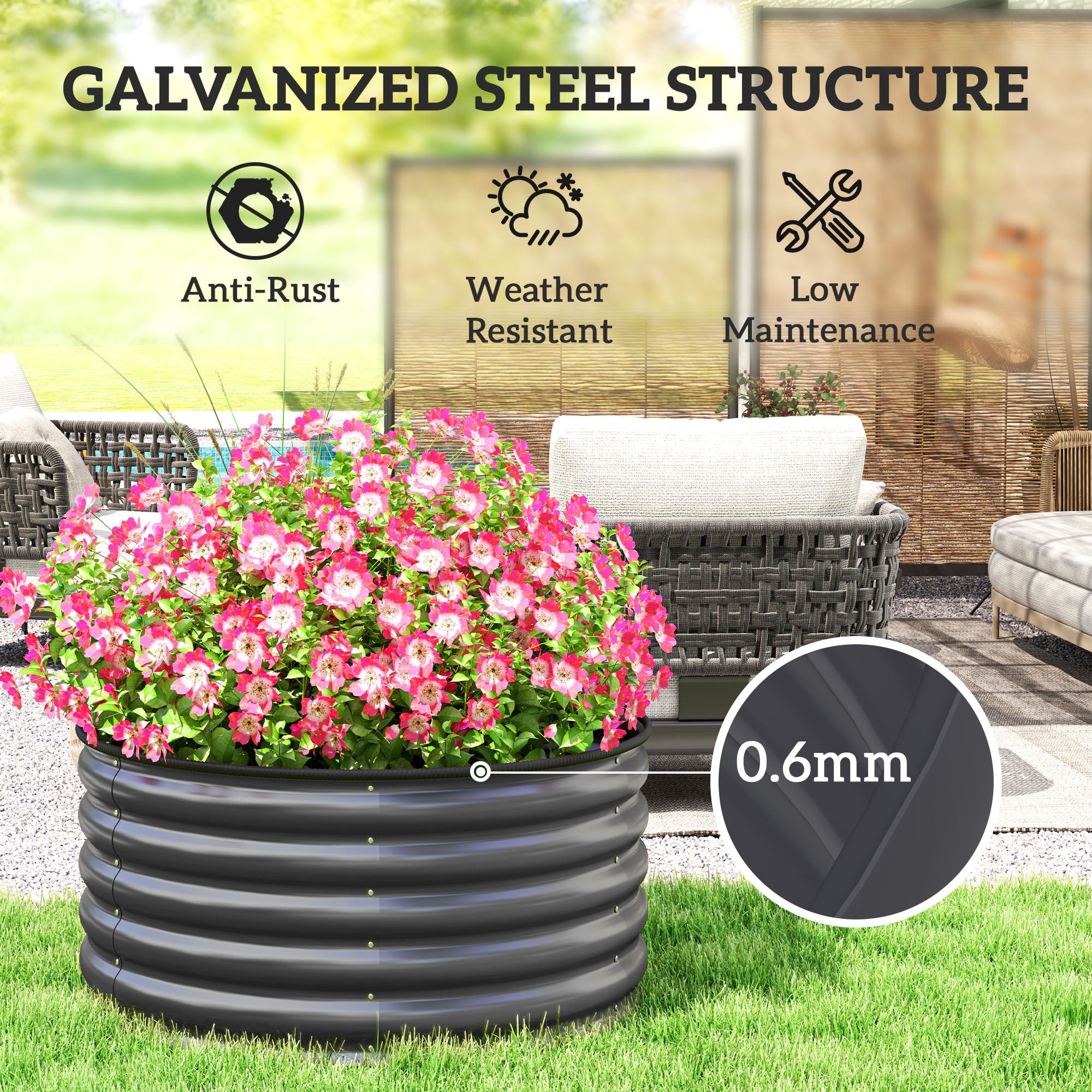 Outsunny Galvanized Raised Flower Bed, 3 x 3 x 1.5 ft Outdoor Metal Raised Bed with Safety Edging and Gloves, Dark Grey 