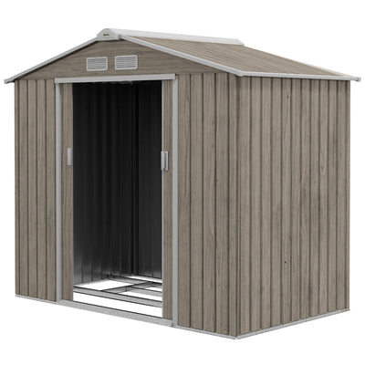 Outsunny 7'x4'x6' Outdoor Garden Storage Shed Metal Tool House Foundation Kit Double Doors Light Brown 