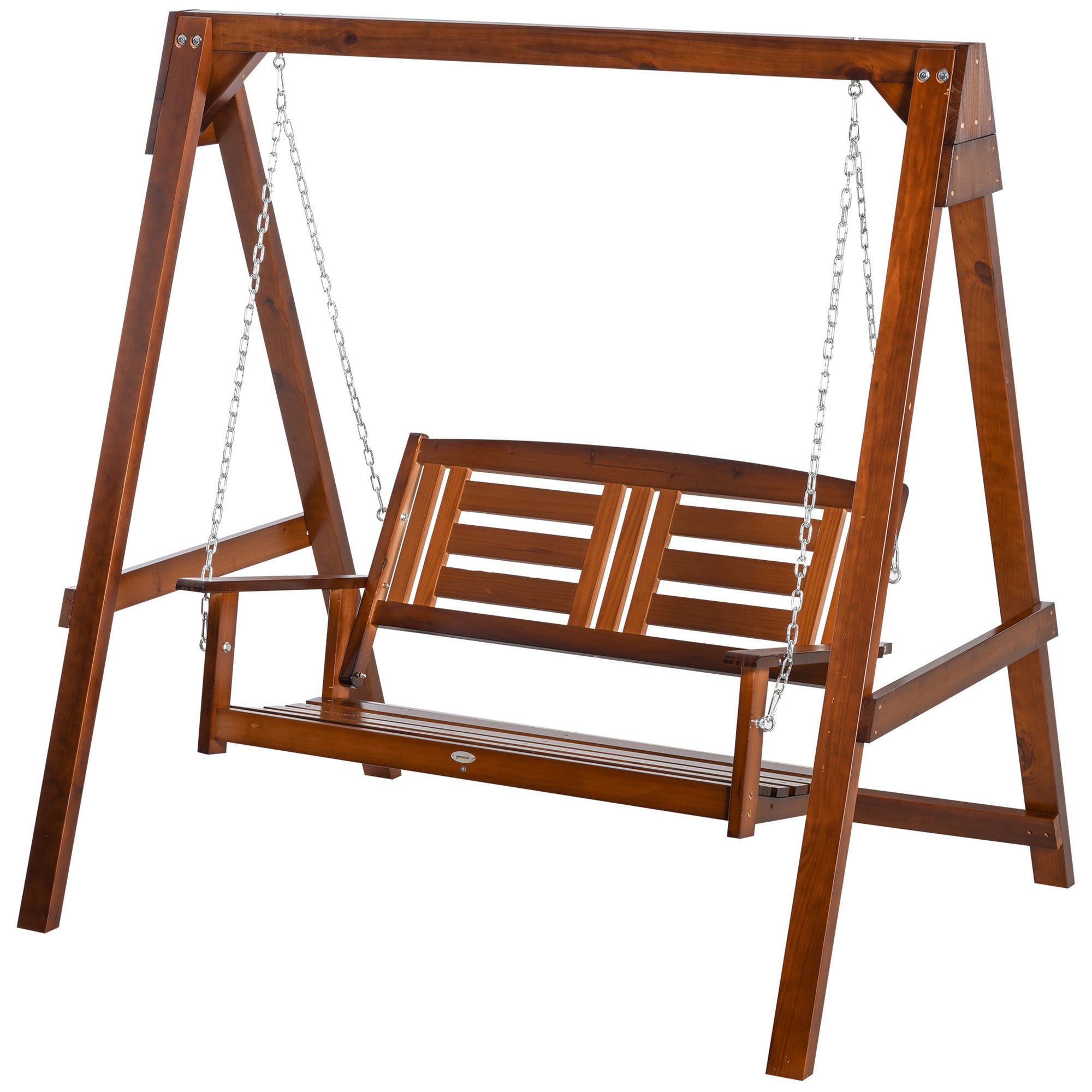Outsunny 2 Seater Wooden Patio Swing with Stand Adjustable Chains for Garden Poolside Backyard 