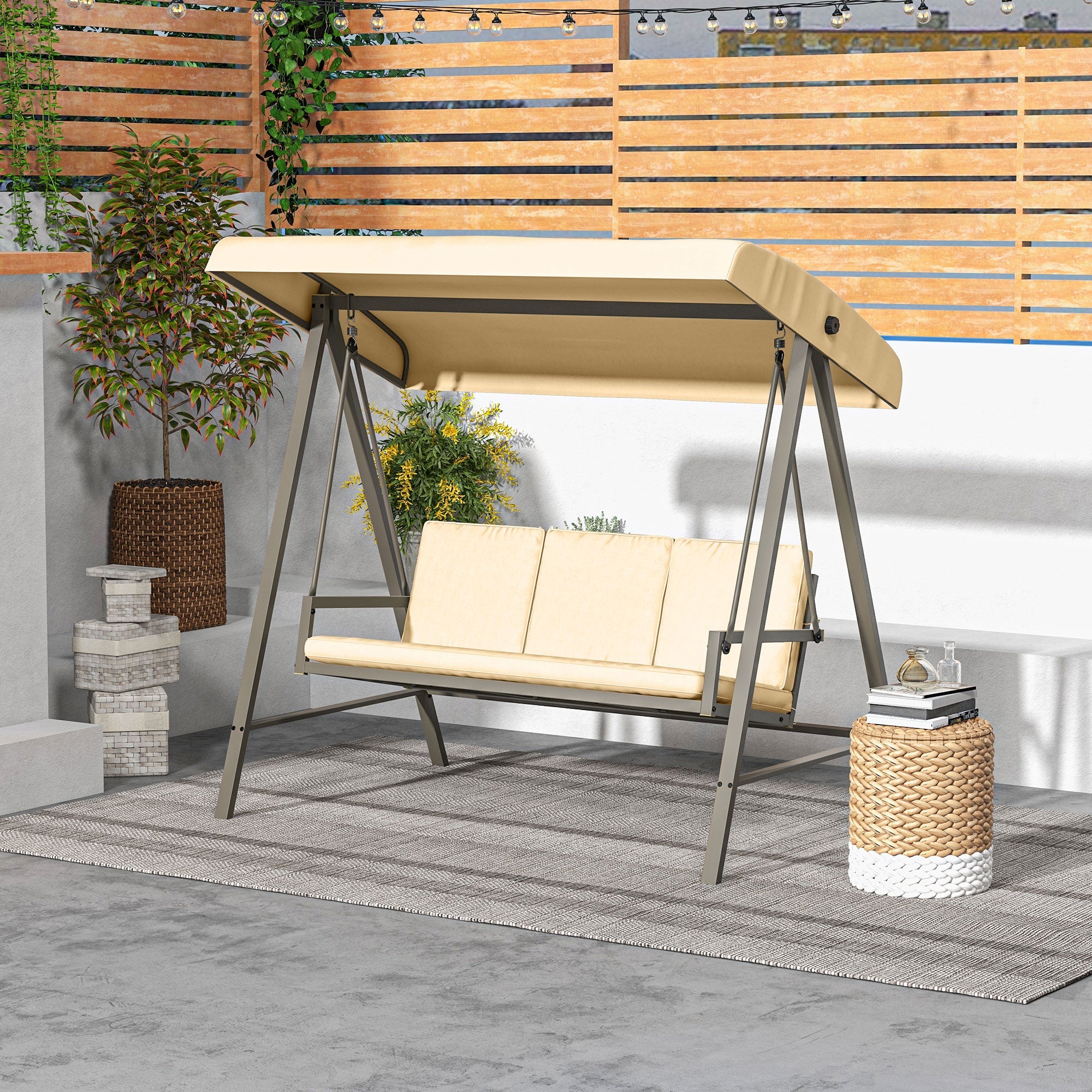 Outsunny 3 Seater Patio Swing Chair, Porch Swing with Adjustable Canopy and Removable Cushions, Outdoor Swing Seat, Beige 
