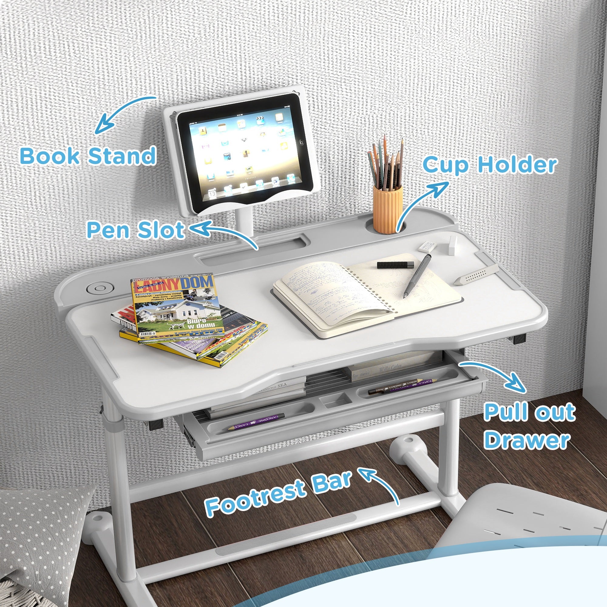 Qaba Height Adjustable Kids Desk and Chair Set with Tilt Desktop, Large Writing Board, Storage Drawer, Book Stand, Grey 