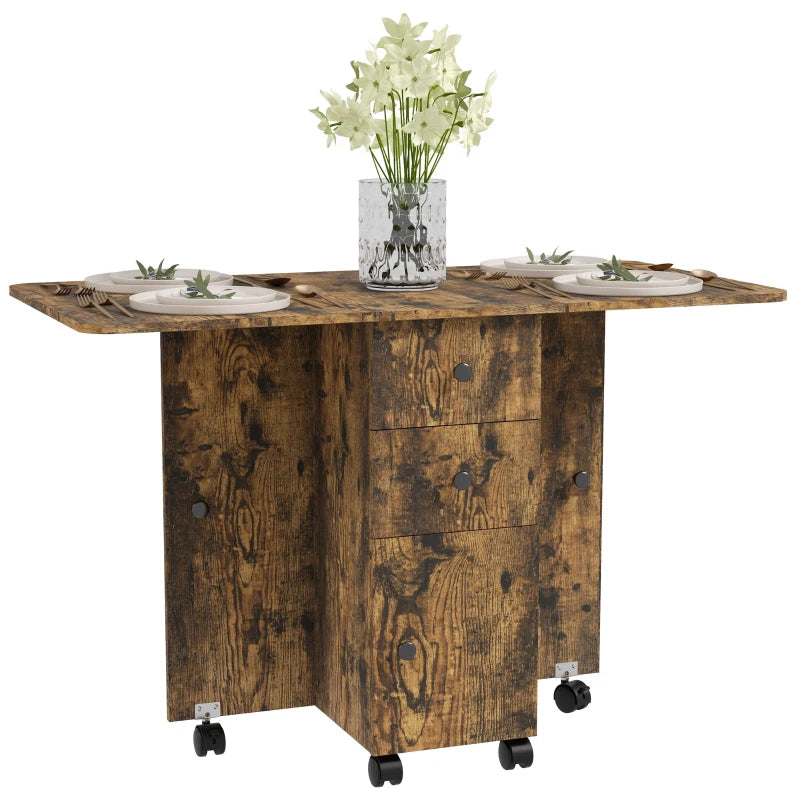 Drop Leaf Dining Table, Mobile Folding Table on Wheels with Drawers and Cabinet for Dining Room, Kitchen, Rustic Brown