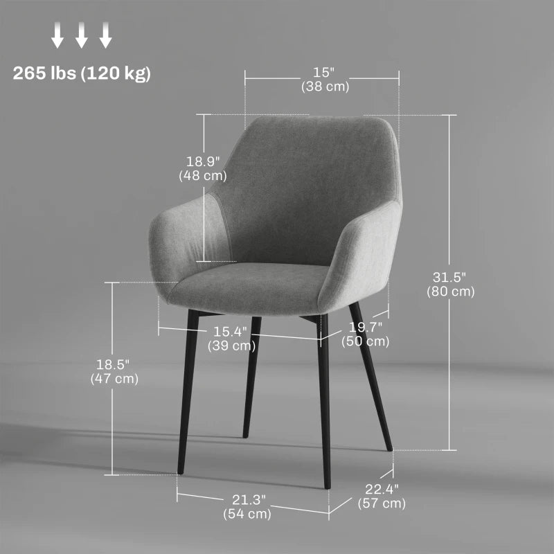 Dining Chairs Set of 2, Velvet-look Fabric Upholstered Kitchen Chairs with Backrest, Armrests and Steel Legs, Dark Grey