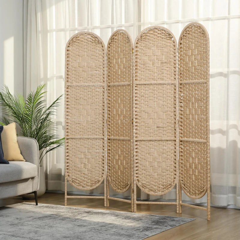 Bohemian Privacy Screen, Folding Room Divider with 4 Panels and Arched Top for Bedroom Living Room Office, Natural Wood