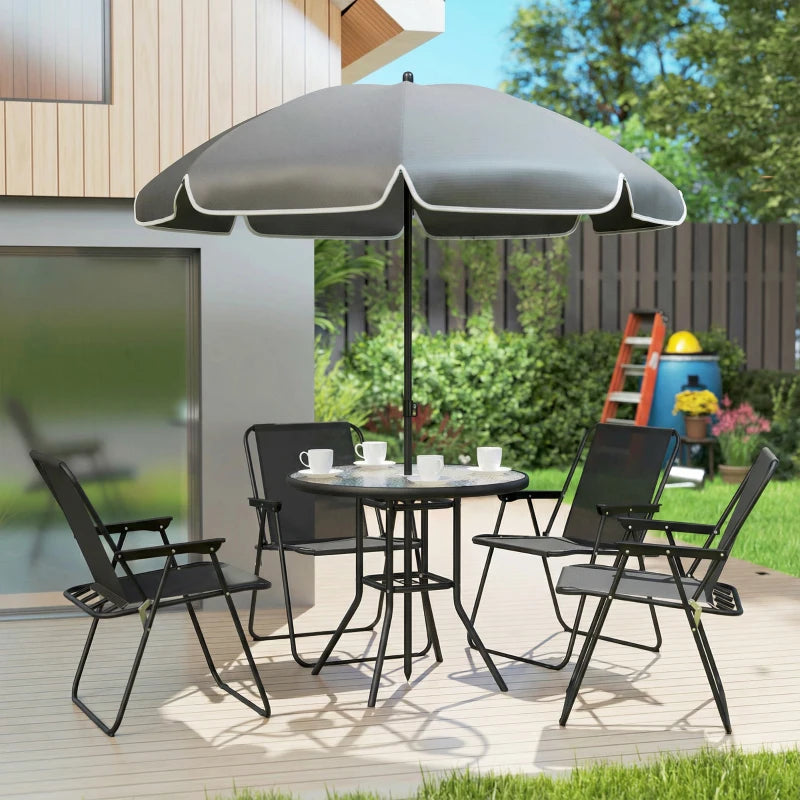 6 Pieces Patio Dining Set with Umbrella, Patio Furniture Set with Folding Chairs, Glass Table for Garden Backyard, Black
