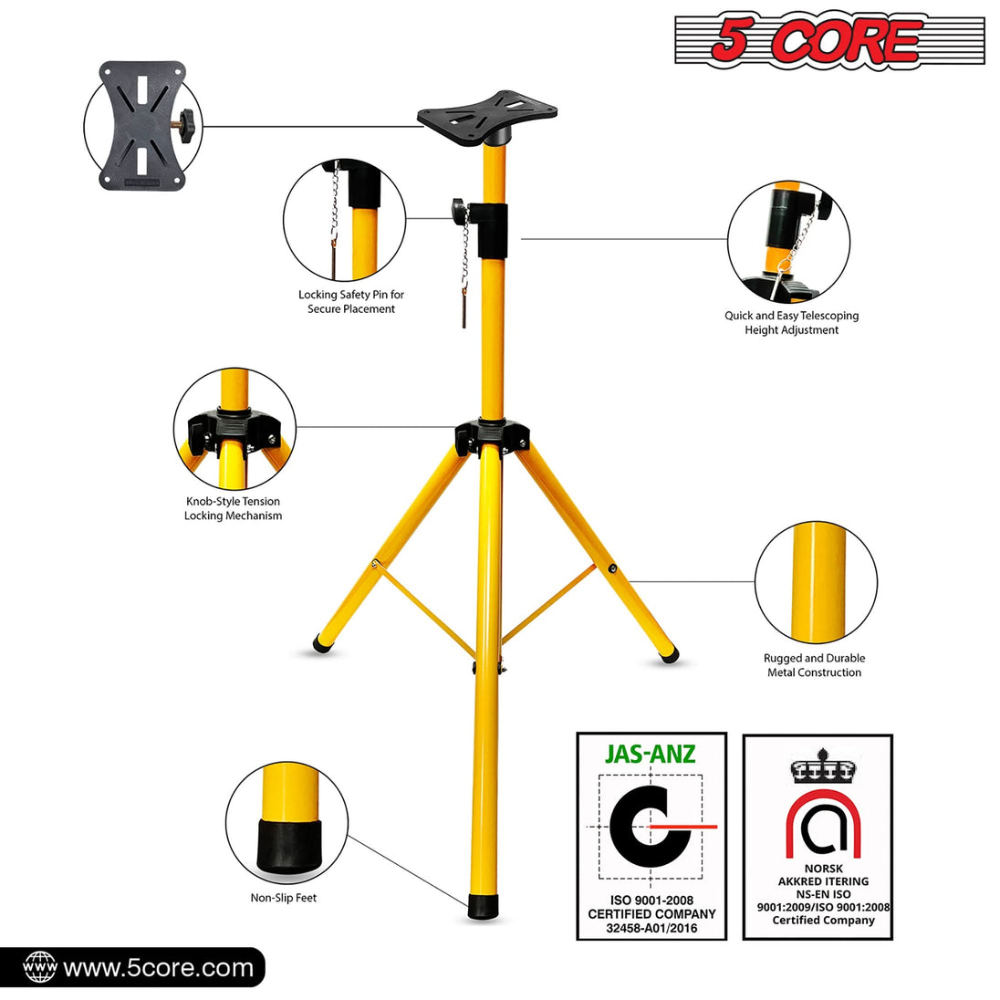 5Core Speaker Stand Tripod Tall Adjustable 72 Inch DJ Studio Monitor Stands Pole Mount Yellow