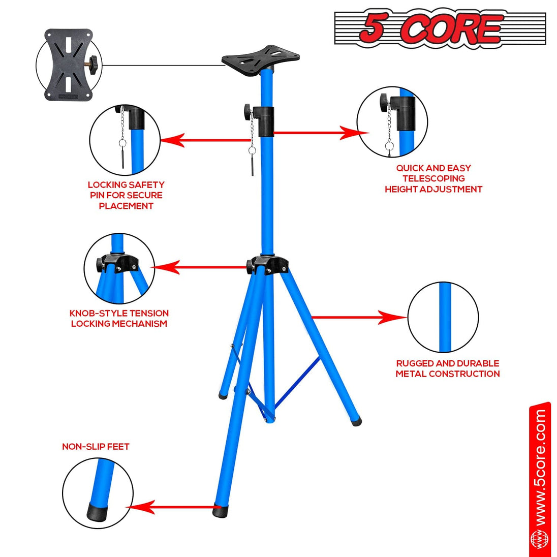 5Core Speaker Stand Tripod Tall Adjustable 72 Inch DJ Studio Monitor Stands Pole Mount BLUE