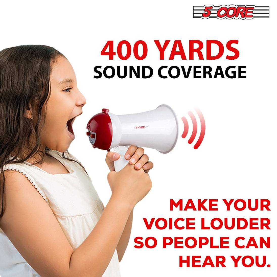 5Core Megaphone Bullhorn Speaker 15W Mini Battery Power Bull horn w Siren 400 Yard Range White