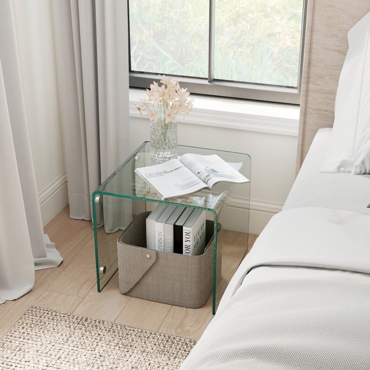 C-Shaped End Table Modern Tempered Glass Side Table with Shelf-Transparent