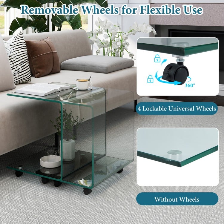 C-Shaped End Table Modern Tempered Glass Side Table with Shelf-Transparent