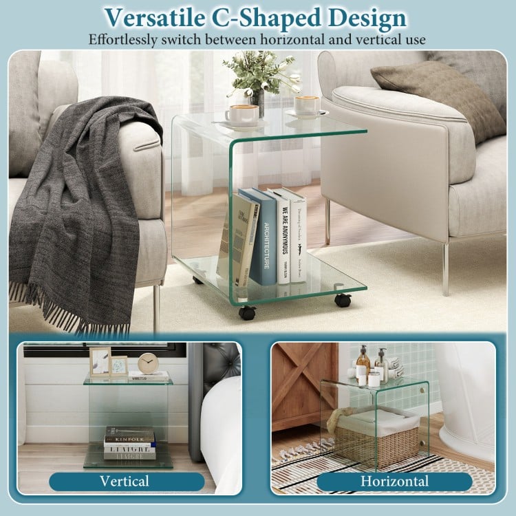 C-Shaped End Table Modern Tempered Glass Side Table with Shelf-Transparent