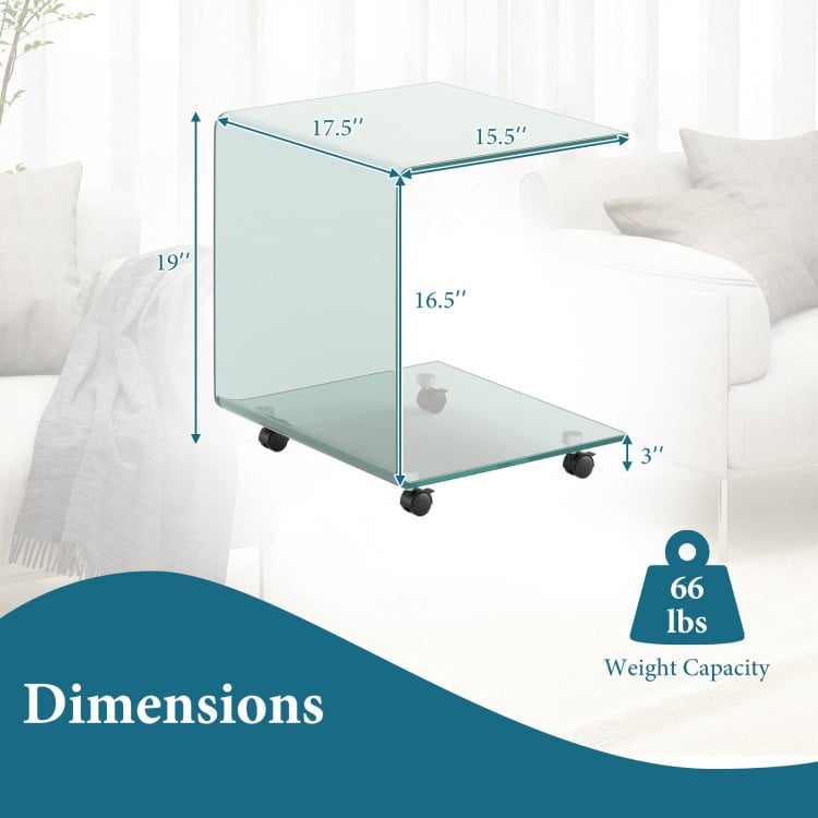 C-Shaped End Table Modern Tempered Glass Side Table with Shelf-Transparent