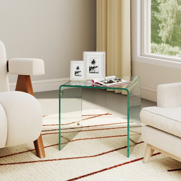 C-Shaped End Table Modern Tempered Glass Side Table with Shelf-Transparent