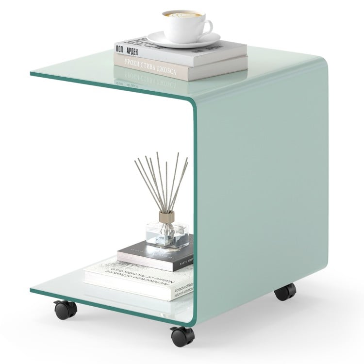 C-Shaped End Table Modern Tempered Glass Side Table with Shelf-White