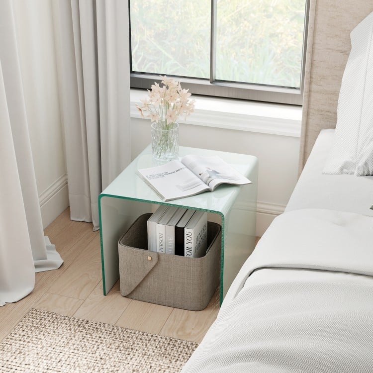 C-Shaped End Table Modern Tempered Glass Side Table with Shelf-White