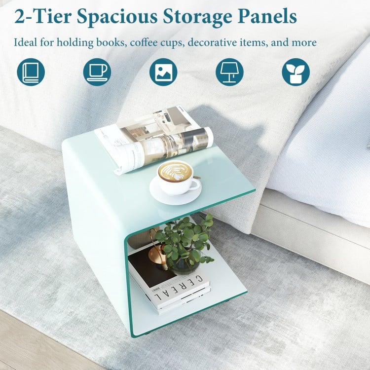 C-Shaped End Table Modern Tempered Glass Side Table with Shelf-White