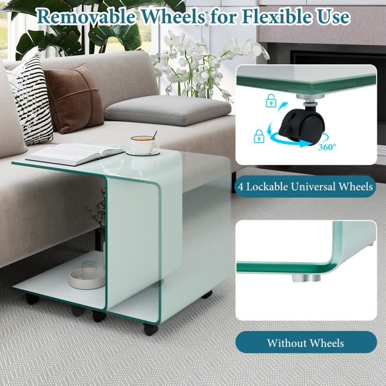 C-Shaped End Table Modern Tempered Glass Side Table with Shelf-White