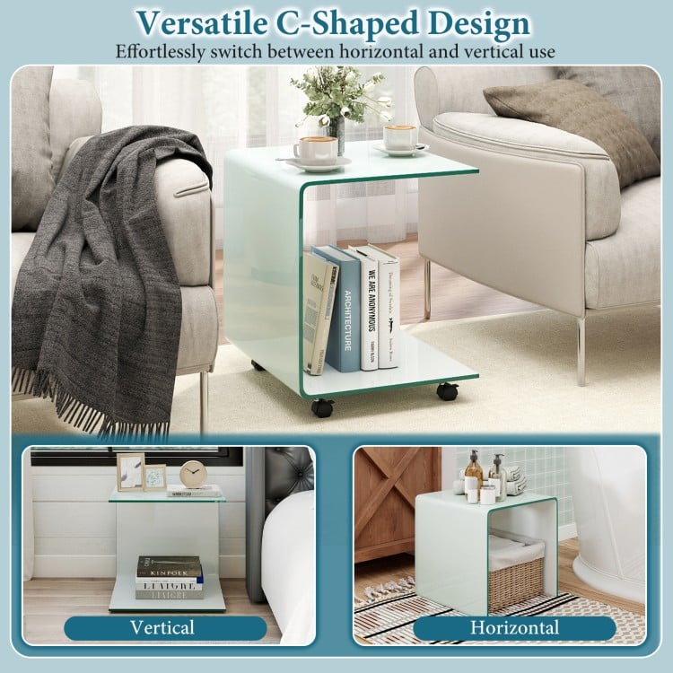 C-Shaped End Table Modern Tempered Glass Side Table with Shelf-White