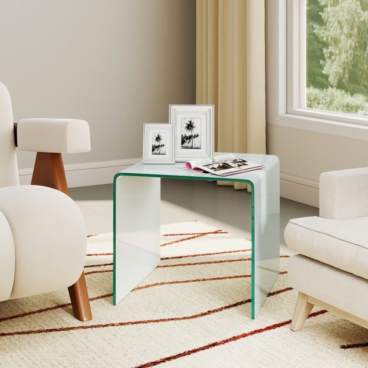 C-Shaped End Table Modern Tempered Glass Side Table with Shelf-White
