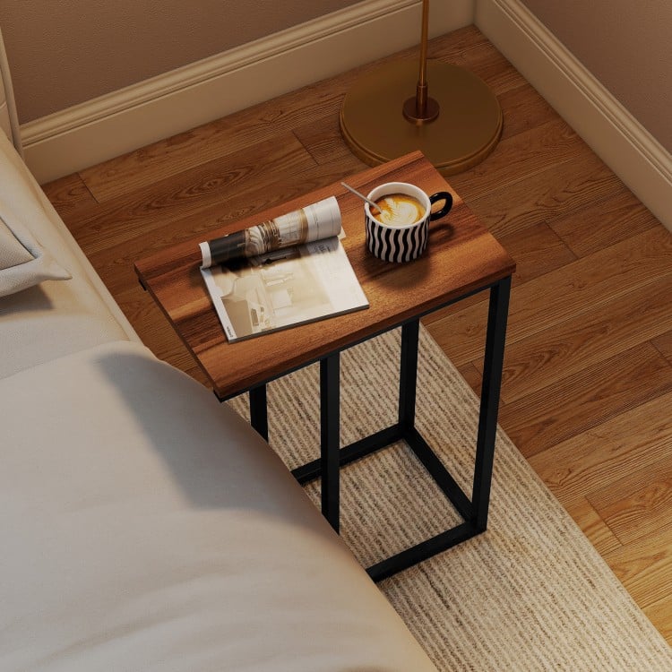 C-Shaped End Table Small Side Table with Sturdy Metal Frame-Walnut