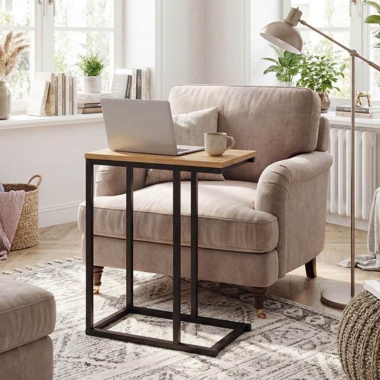 C-Shaped End Table Small Side Table with Sturdy Metal Frame-Natural