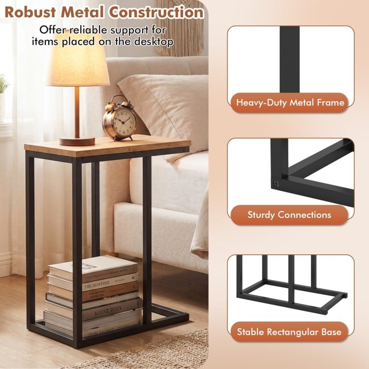C-Shaped End Table Small Side Table with Sturdy Metal Frame-Natural