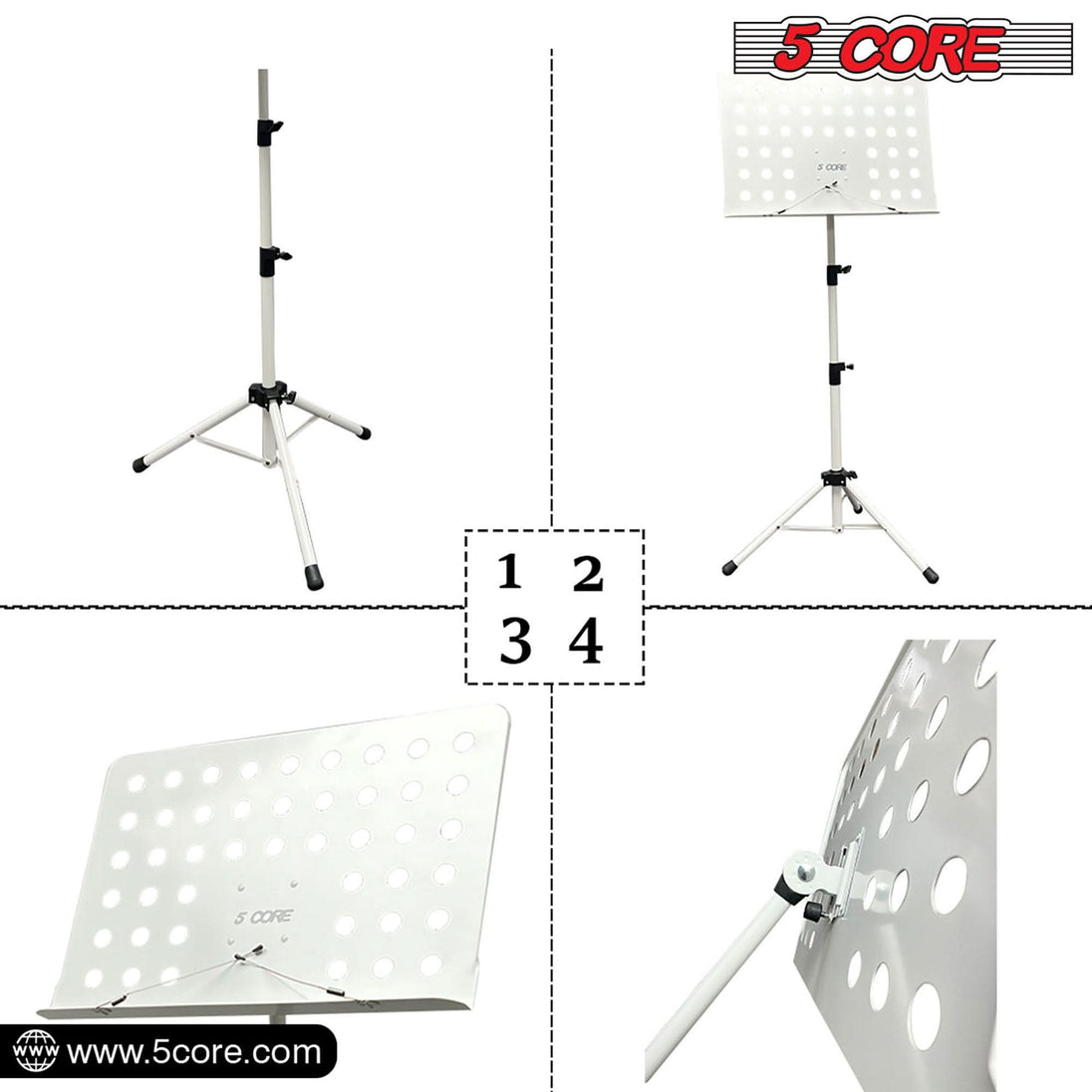 5Core Adjustable Portable Music Stand for Sheet Music Folding Tripod Note Holder White