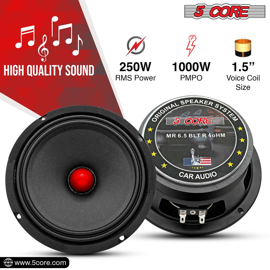 5Core 6.5 Inch Midrange Door Speaker 360W PMPO Subwoofer w Aluminum Bullet 4Ω Sub Woofer